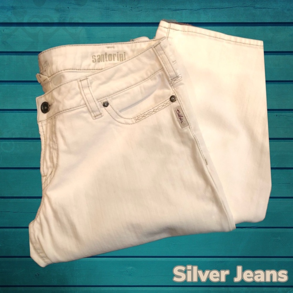 NWT $84 Silver Jeans Co | Santorini Denim Capris Using Indigo Dye Process |White